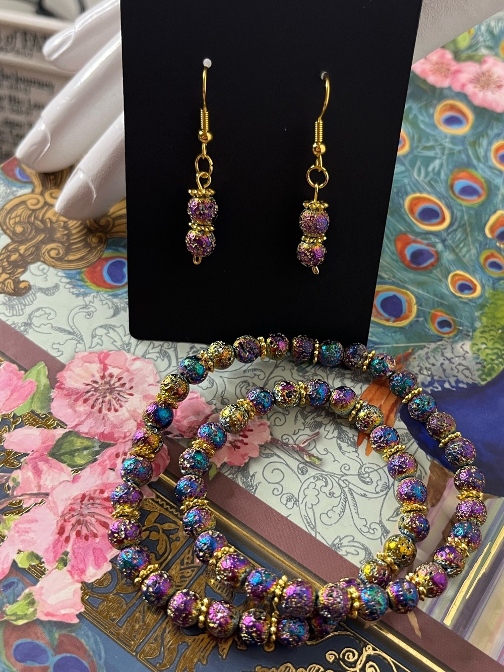 Rainbow Druzy Bracelet & Earrings Set Gold Accents Handmade Sparkle Jewelry - Picture 7 of 9